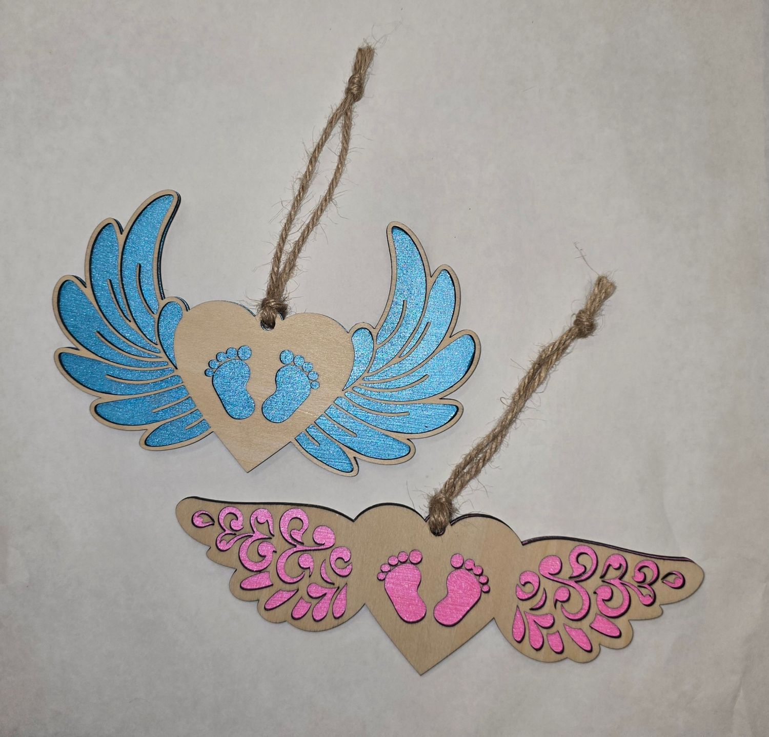 Baby foot prints Angel wings - Laser cut wood Christmas ornaments