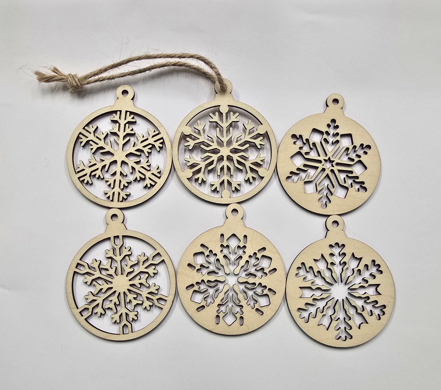 Pack of 6 assorted natural wood snowflake ornaments