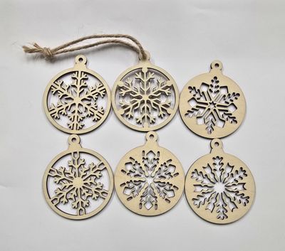 Pack of 6 assorted natural wood snowflake ornaments