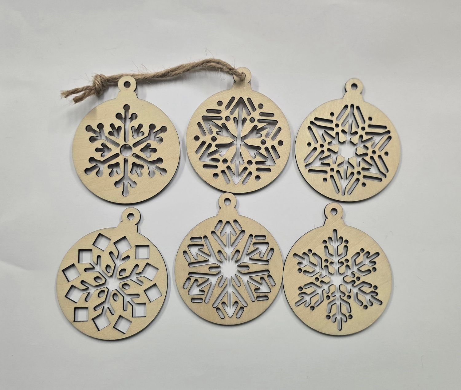 Pack of 6 assorted natural wood snowflake ornaments