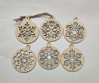 Pack of 6 assorted natural wood snowflake ornaments