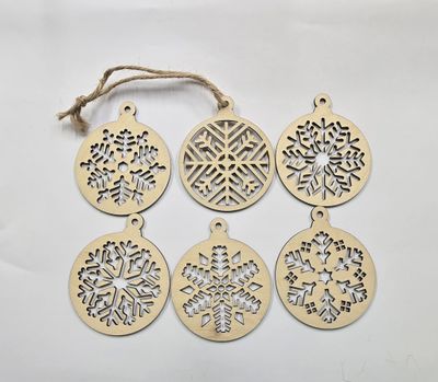 Pack of 6 assorted natural wood snowflake ornaments