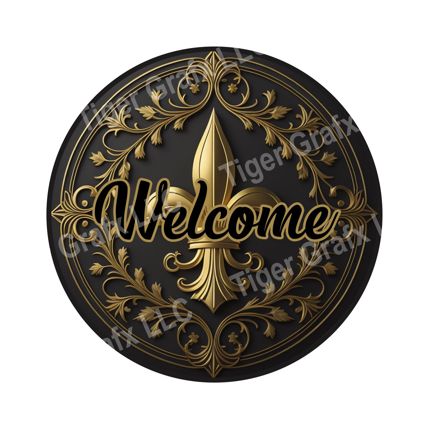 Black and Gold Fleur De Lis - Welcome Wood door hanger / wreath decor sign