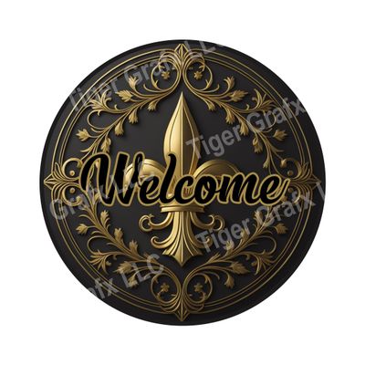 Black and Gold Fleur De Lis - Welcome Wood door hanger / wreath decor sign