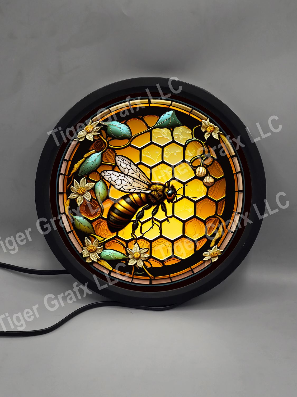 Faux stained glass honey bee - illuminated round sign