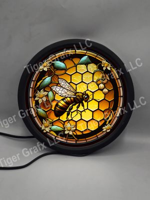 Faux stained glass honey bee - illuminated round sign