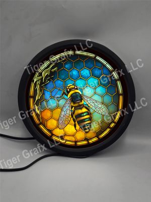 Faux stained glass honey bee - illuminated round sign