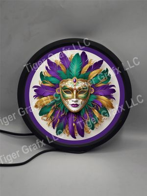 Mardi Gras feather mask - illuminated round sign