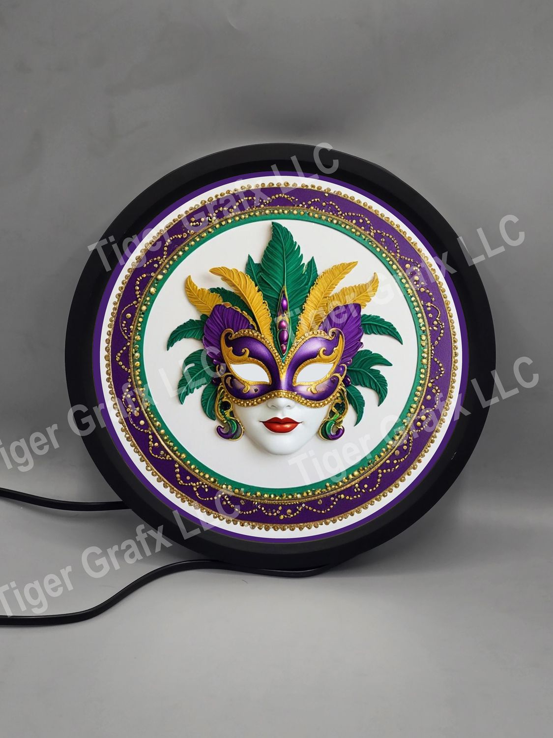 Mardi Gras feather mask - illuminated round sign
