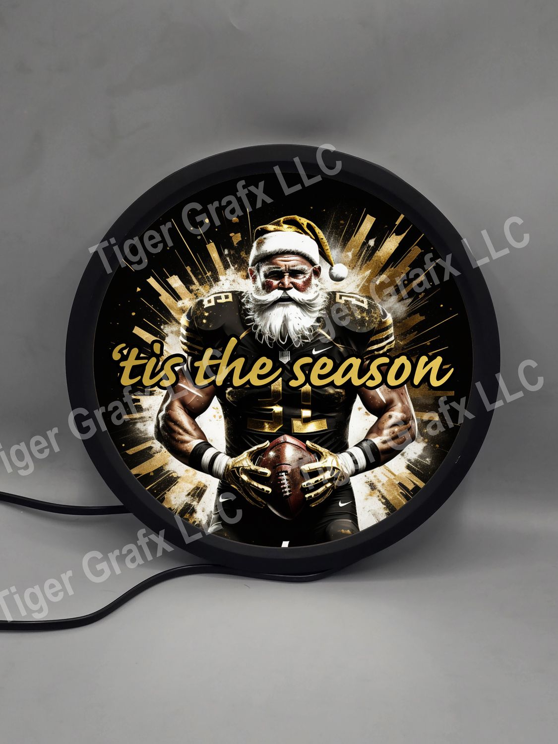 New Orleans Louisiana black and gold football Santa Claus - illuminated round sign
