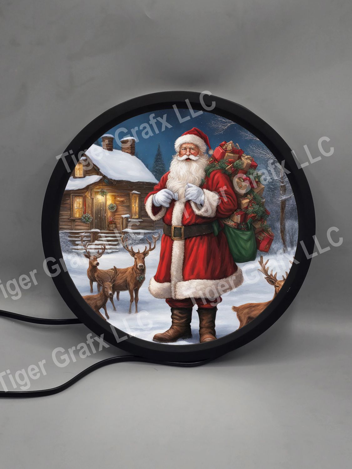 Santa Claus and reindeer - illuminated round sign