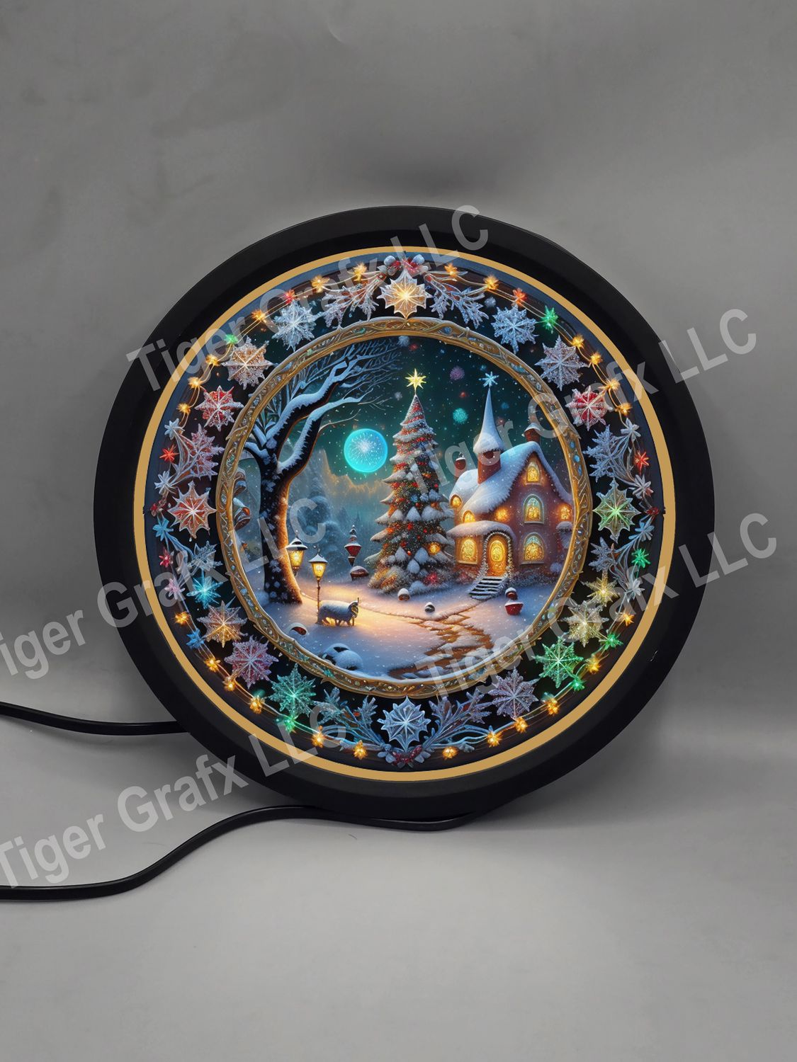 Magical Christmas winter wonderland house- illuminated round sign