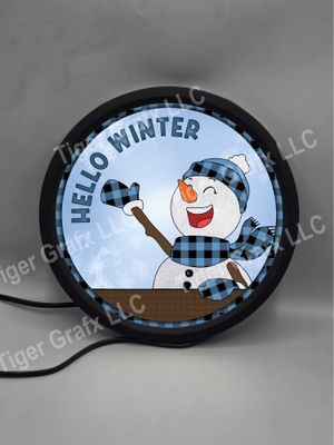 Hello winter snowman - illuminated round sign