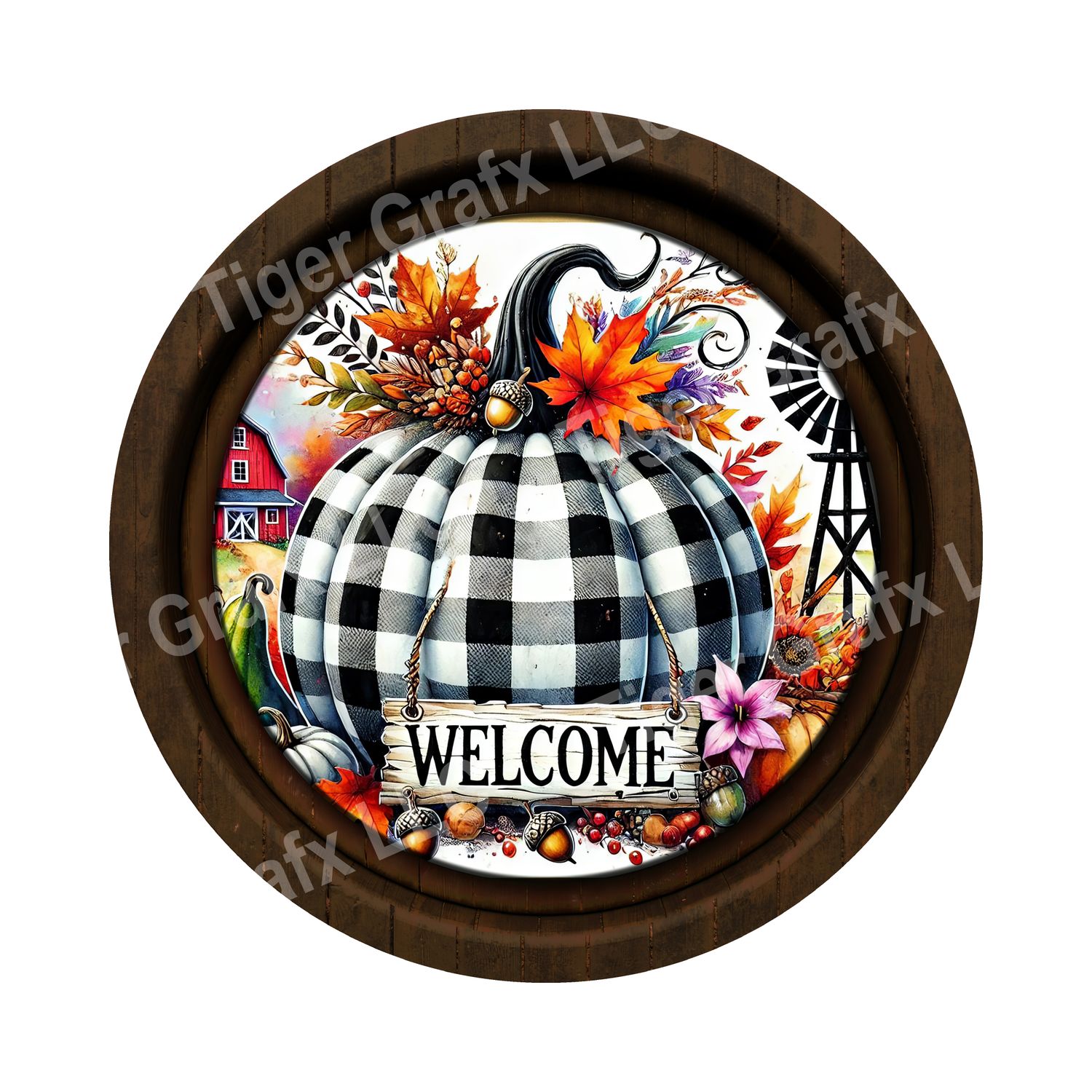 Welcome Fall plaid pumpkin Round Metal Sign