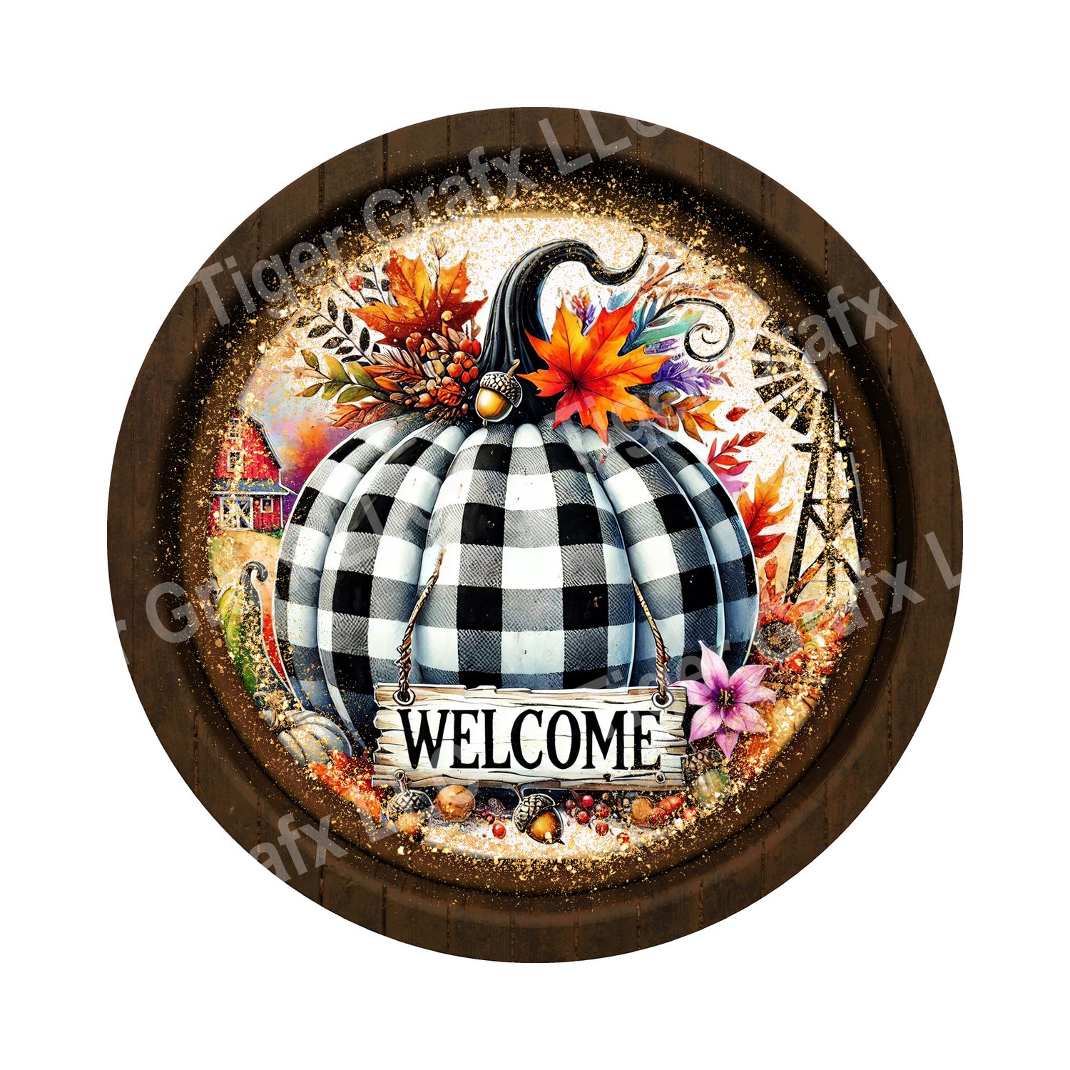 Welcome Fall plaid pumpkin Round Metal Sign