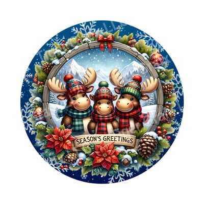 Seasons Greetings Christmas Reindeer Round Metal Sign