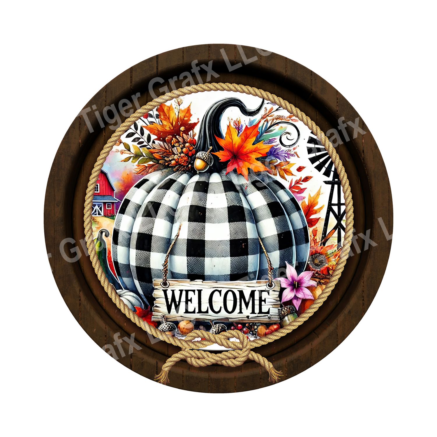 Welcome Fall plaid pumpkin Round Metal Sign
