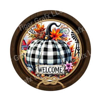 Welcome Fall plaid pumpkin Round Metal Sign