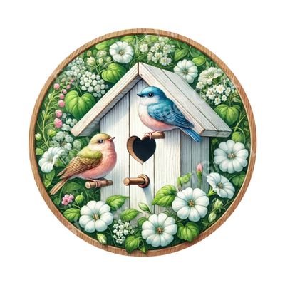 Cute birds and flowers Round Metal Sign