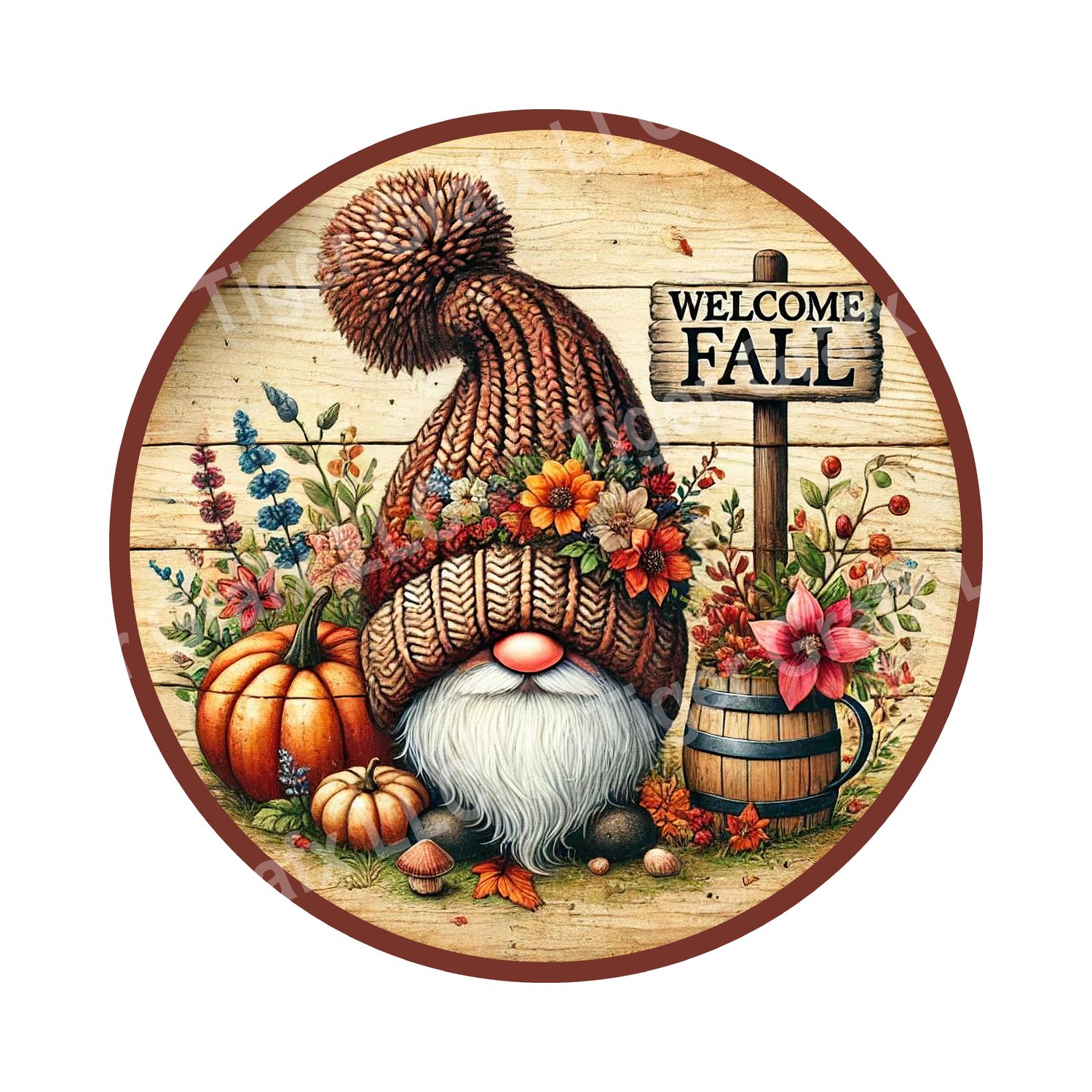 Welcome Fall gnome with pumpkins Round Metal Sign