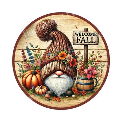 Welcome Fall gnome with pumpkins Round Metal Sign