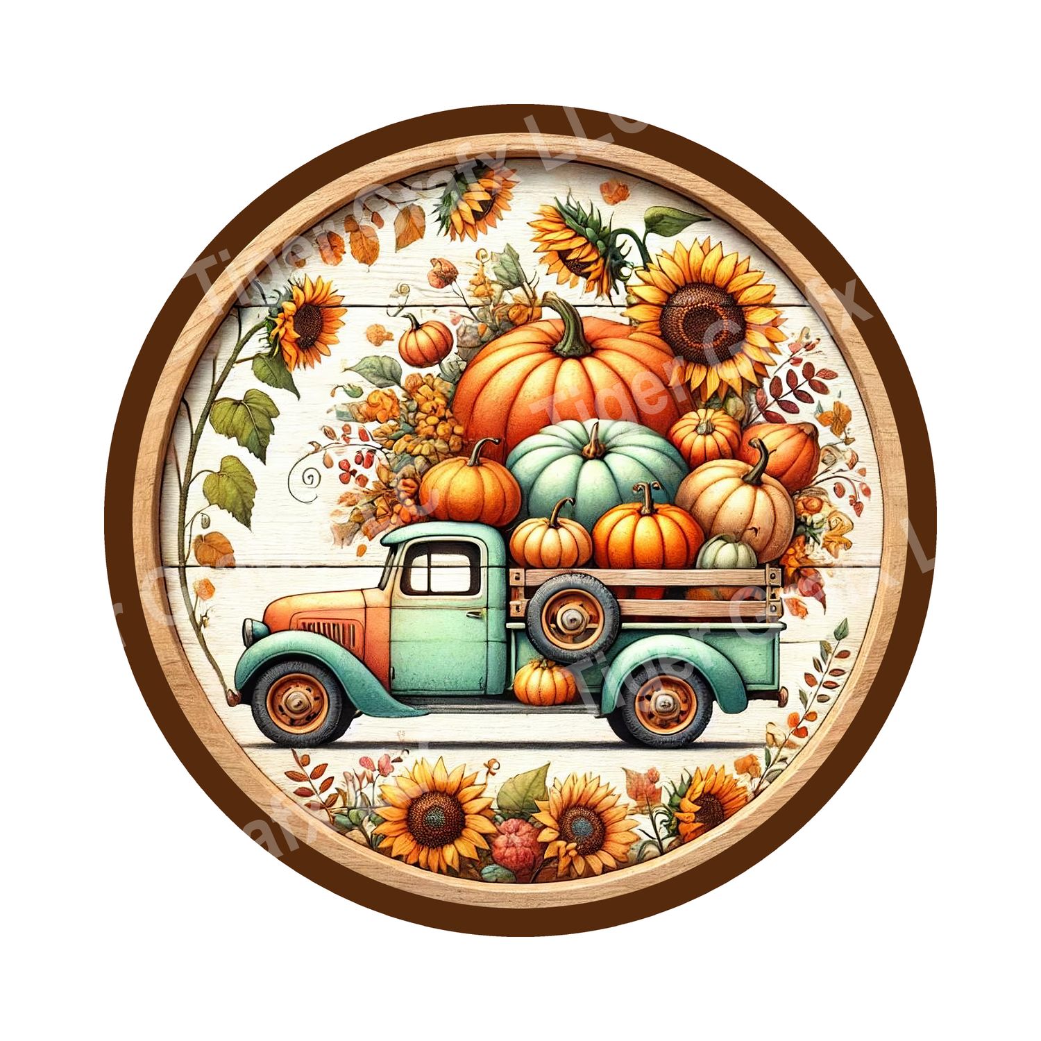 Blue / Green farm truck with pumpkins Fall Round Metal Sign