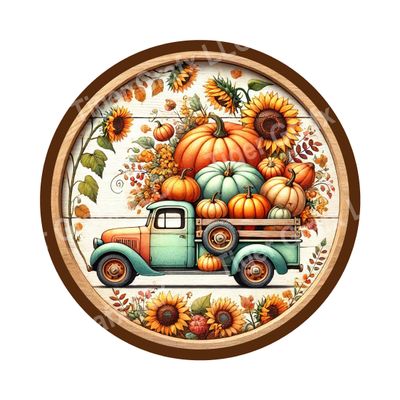 Blue / Green farm truck with pumpkins Fall Round Metal Sign