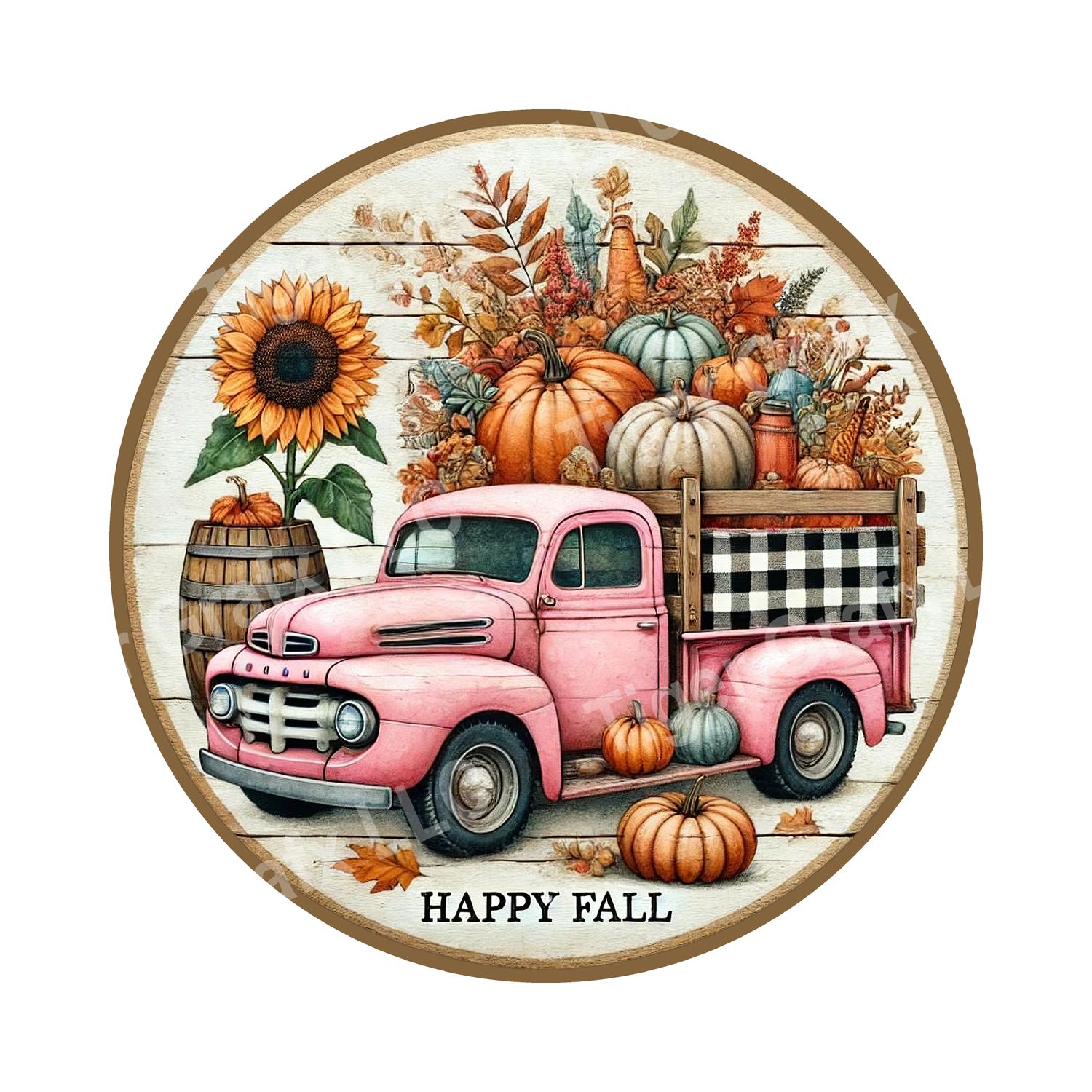 Happy Fall pink farm truck with pumpkins Round Metal Sign