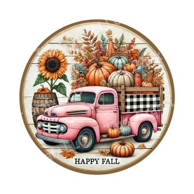 Happy Fall pink farm truck with pumpkins Round Metal Sign