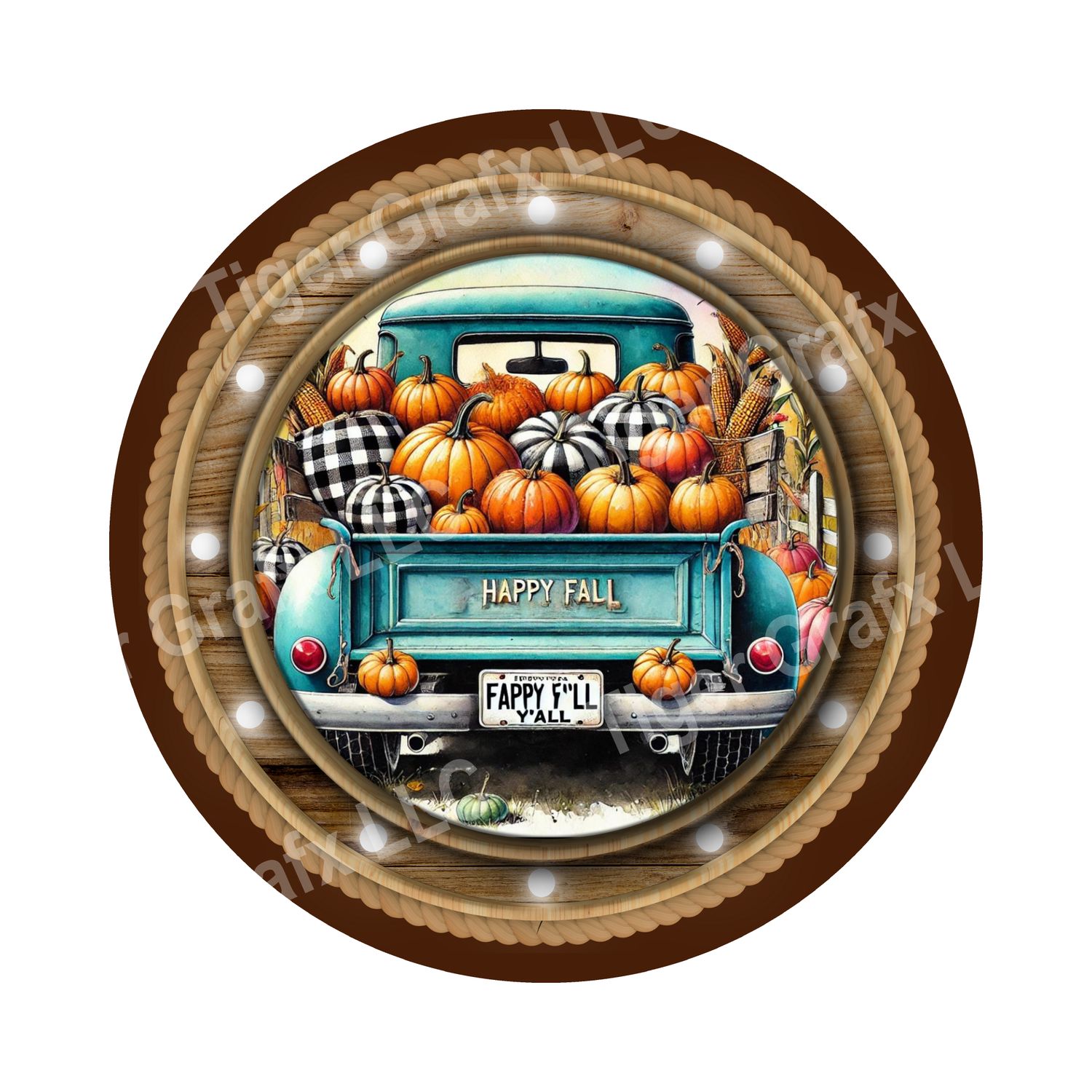 Blue farm truck with pumpkins Fall Round Metal Sign