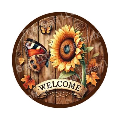 Welcome butterfly and sunflower Round Metal Sign