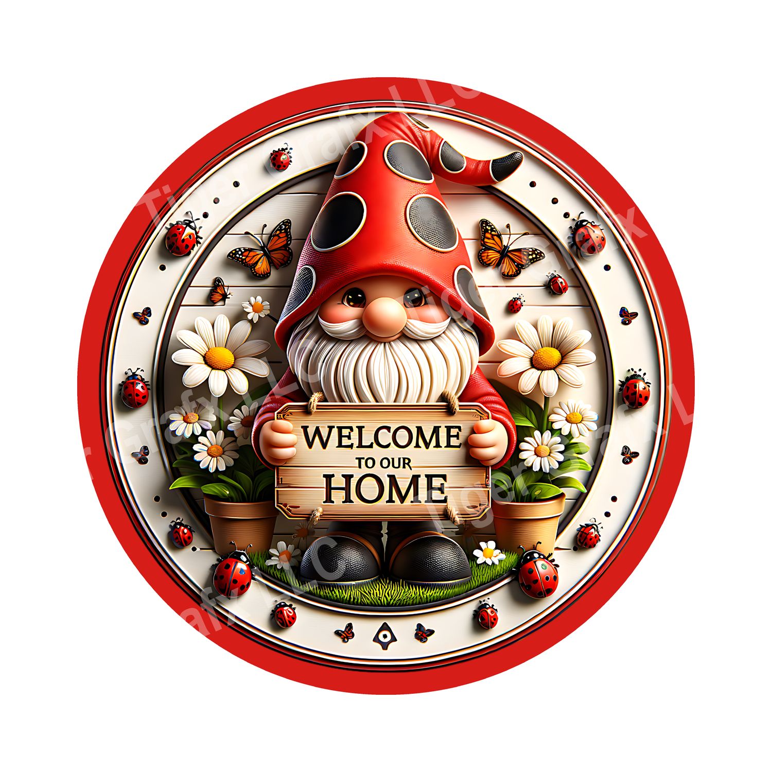 cute ladybug gnome Round Metal Sign