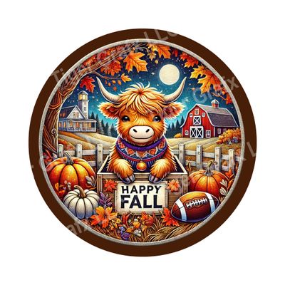 Fall highland cow with football and pumpkins Round Metal Sign