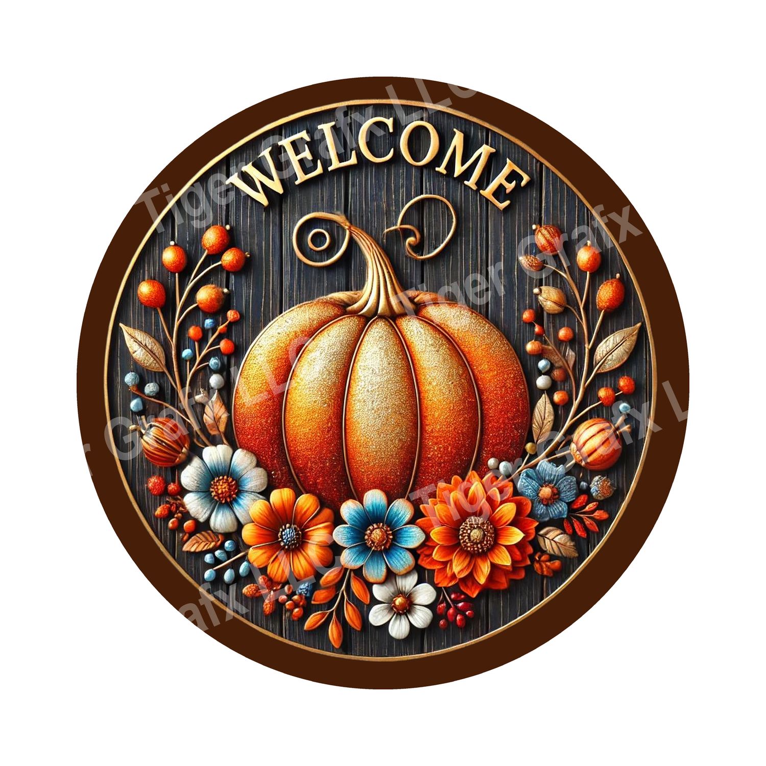 Welcome pumpkin with flowers Round Metal Sign