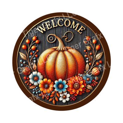 Welcome pumpkin with flowers Round Metal Sign