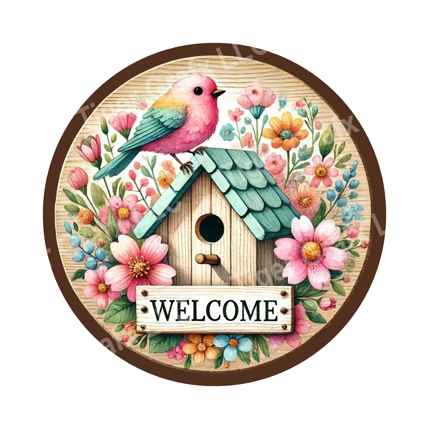 cute birdhouse and flowers Round Metal Sign