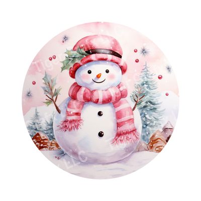 Pink winter snowman Christmas Round Metal Sign