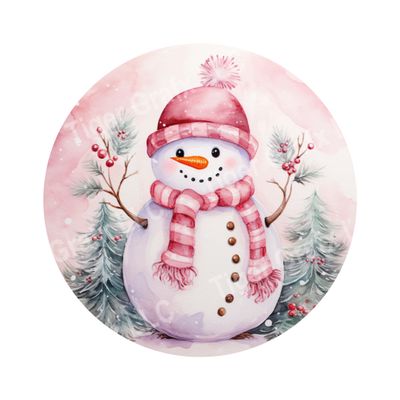 Pink winter snowman Christmas Round Metal Sign