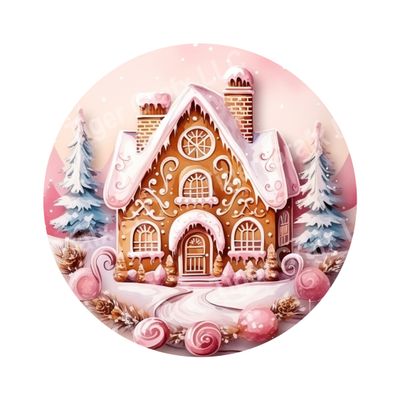 Pink Gingerbread house Christmas Round Metal Sign