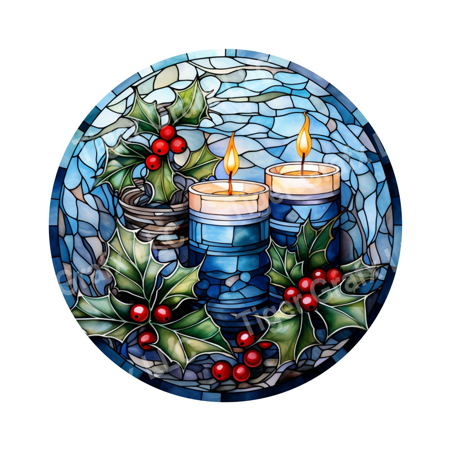 Watercolor faux stained glass blue Christmas candles Round Metal Sign
