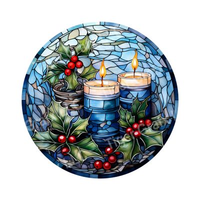 Watercolor faux stained glass blue Christmas candles Round Metal Sign