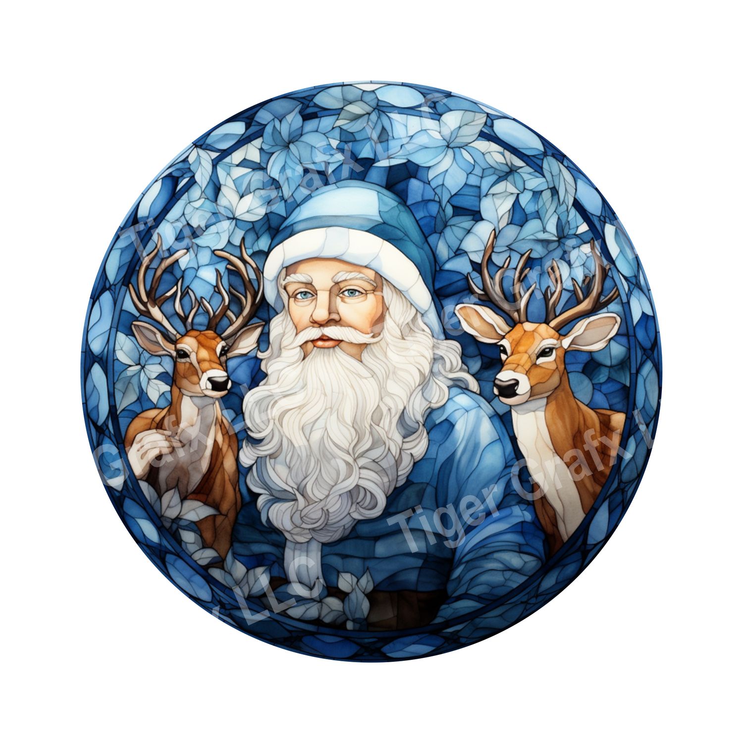 Watercolor faux stained glass blue Christmas Santa Claus and reindeer Round Metal Sign