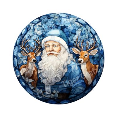 Watercolor faux stained glass blue Christmas Santa Claus and reindeer Round Metal Sign