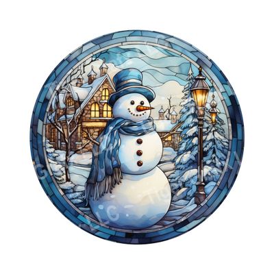 Watercolor faux stained glass blue winter snowman Round Metal Sign