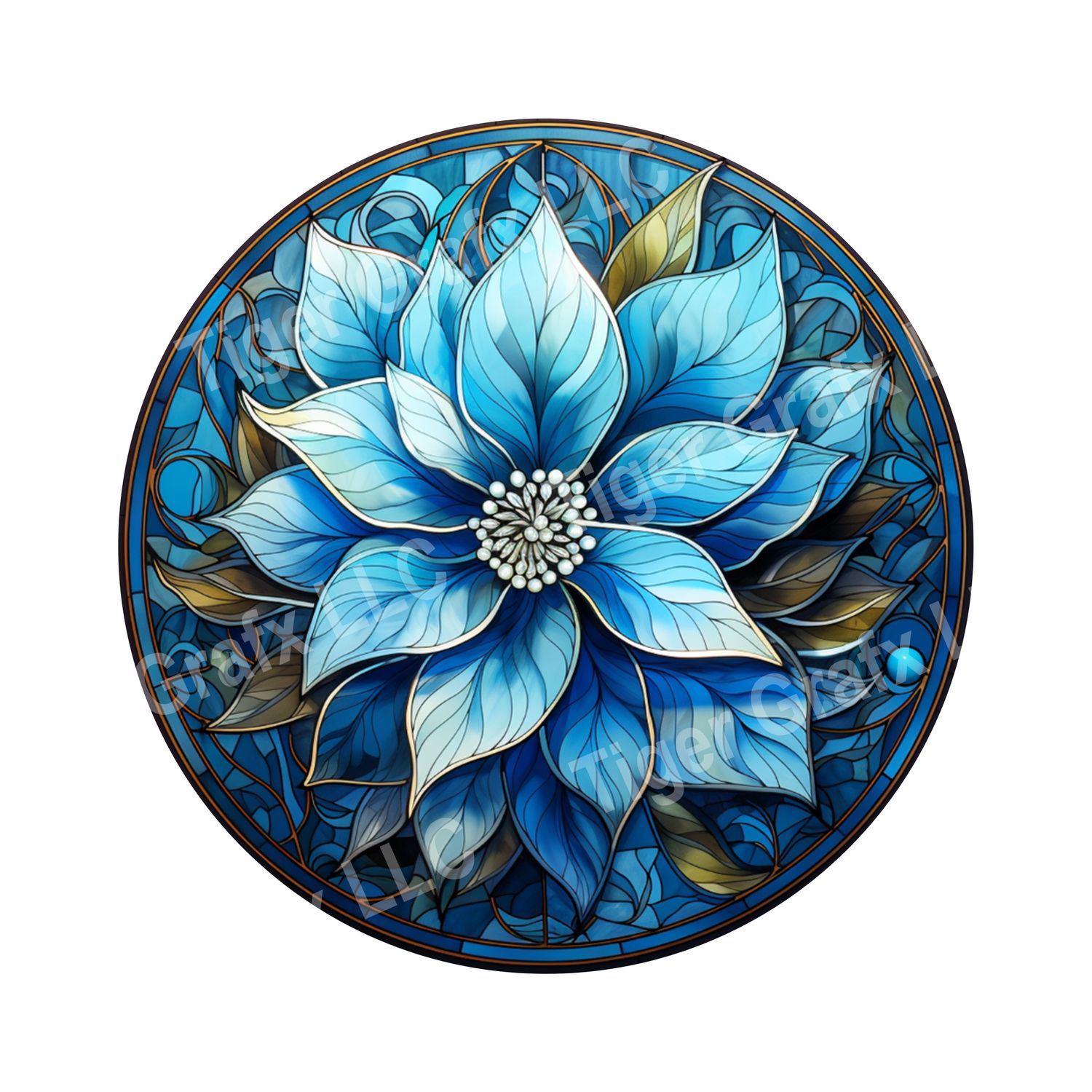 Watercolor faux stained glass blue poinsettia flower Round Metal Sign