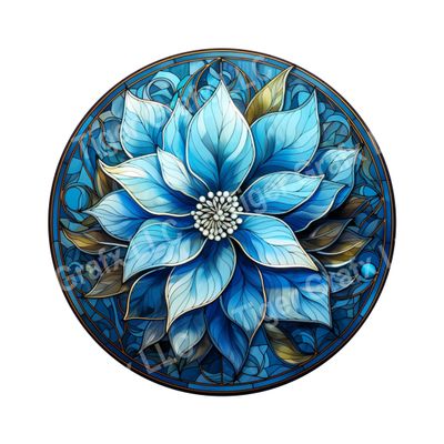 Watercolor faux stained glass blue poinsettia flower Round Metal Sign