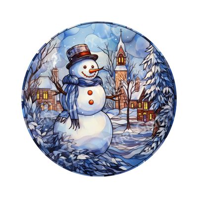 Watercolor faux stained glass blue winter snowman Round Metal Sign