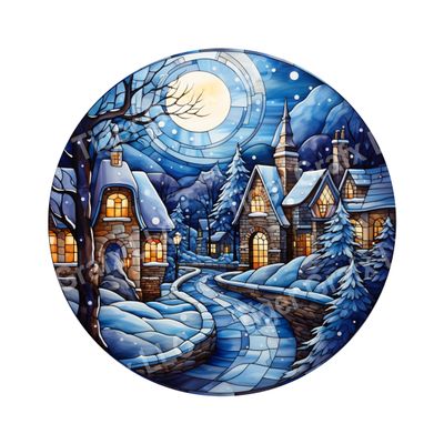Watercolor faux stained glass blue winter village Round Metal Sign