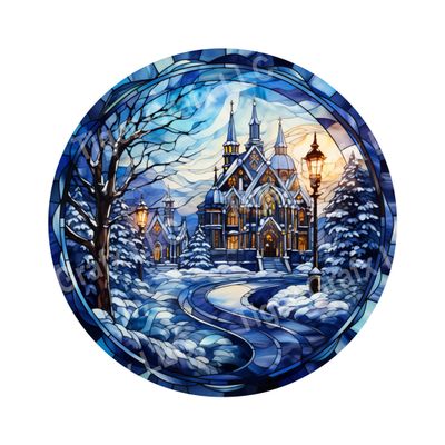 Watercolor faux stained glass blue winter church Round Metal Sign