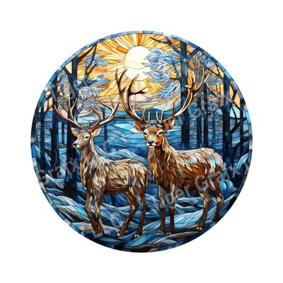Watercolor faux stained glass blue reindeer Round Metal Sign